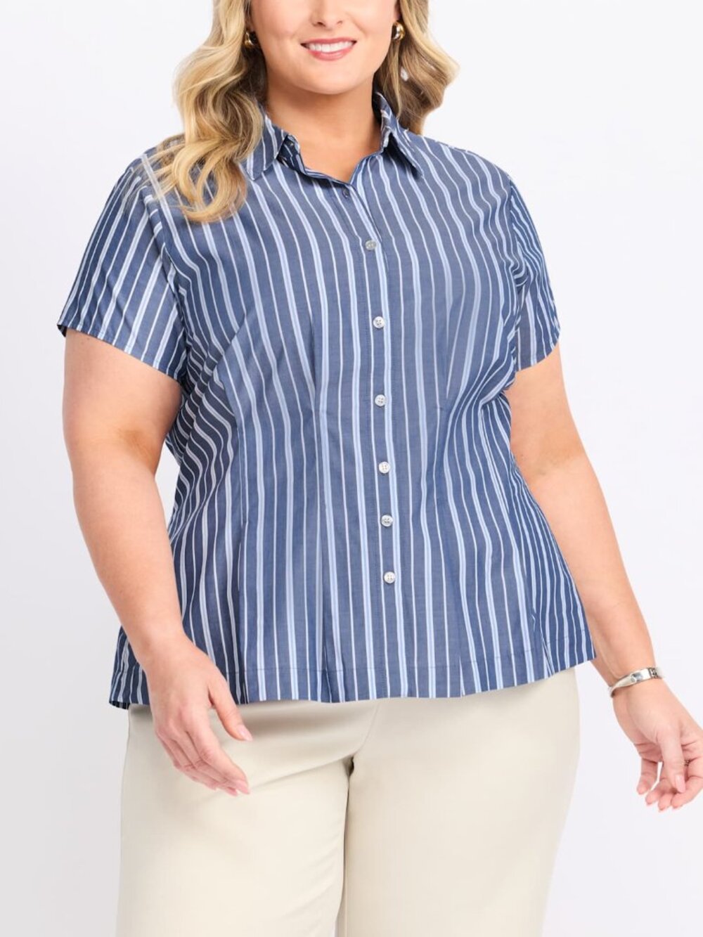 Montgomery Post Aria Cotton Poplin Fitted Shirt Blue Stripe Plus 3X
